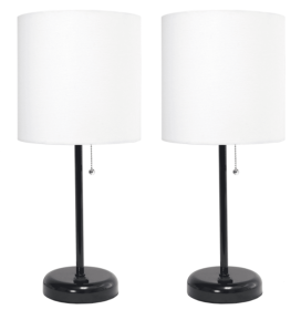 LimeLights Stick Lamp with Charging Outlet and Fabric Shade 2 Pack Set (Color: Black Base/White Shade)