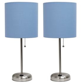 LimeLights Brushed Steel Stick Lamp with Charging Outlet and Fabric Shade (Set of 2) (Color: Brushed Steel Base/Blue Shade)