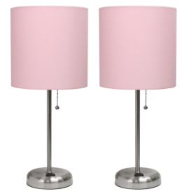 LimeLights Brushed Steel Stick Lamp with Charging Outlet and Fabric Shade (Set of 2) (Color: Brushed Steel Base Light Pink Shade)