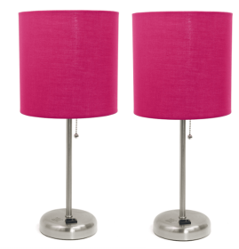 LimeLights Brushed Steel Stick Lamp with Charging Outlet and Fabric Shade (Set of 2) (Color: Brushed Steel Base Pink Shade)