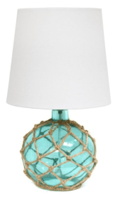 Elegant Designs Buoy Rope Nautical Netted Coastal Ocean Sea Glass Table Lamp with Fabric Shade (Color: Aqua/White)