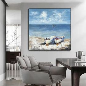 Hand Painted Oil Paintings Abstract Seascape Painting Boats On The Beach Living Room Hallway Luxurious Decorative Painting (style: 01, size: 60x60cm)