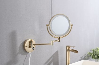 8 Inch LED Wall Mount Two-Sided Magnifying Makeup Vanity Mirror  Extension Finish 1X/3X Magnification Plug 360 Degree Rotation Waterproof Button Shavi (Color: Gold)